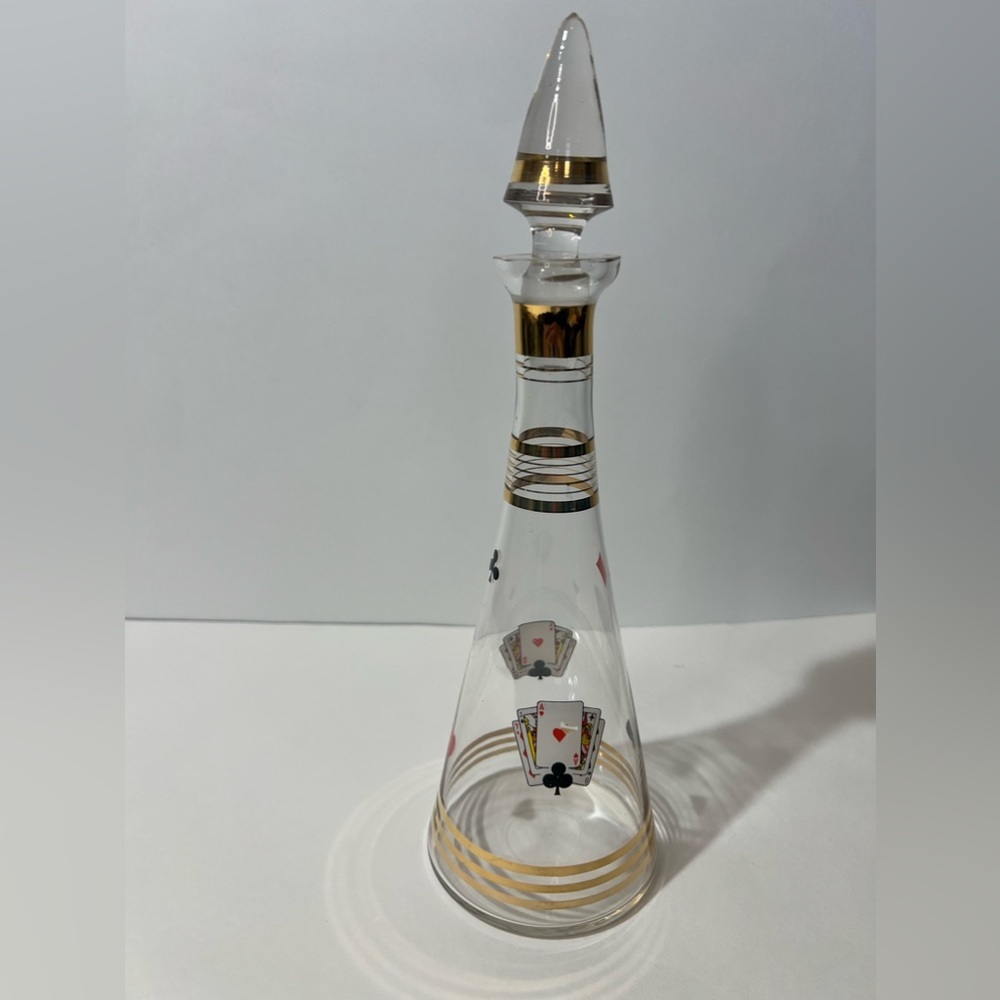 VTG Glass Carafe W/ Stopper Decanter Poker Cards Gold Accents MCM - Picture 1 of 12